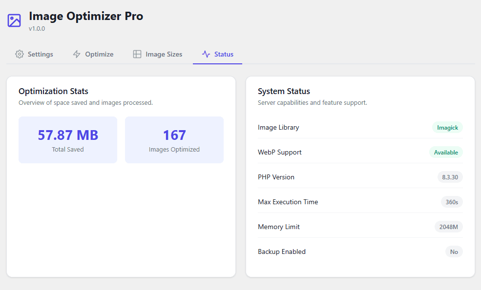 AP Image Optimization status dashboard in WordPress admin showing 57.87 MB total space saved across 167 optimized images, plus system status confirming Imagick image library, WebP support available, and PHP 8.3