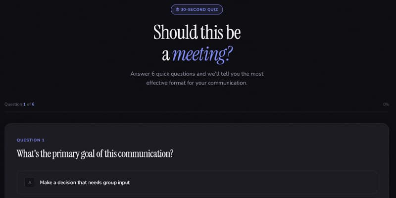 Meeting Or Not homepage with the 30-second quiz intro