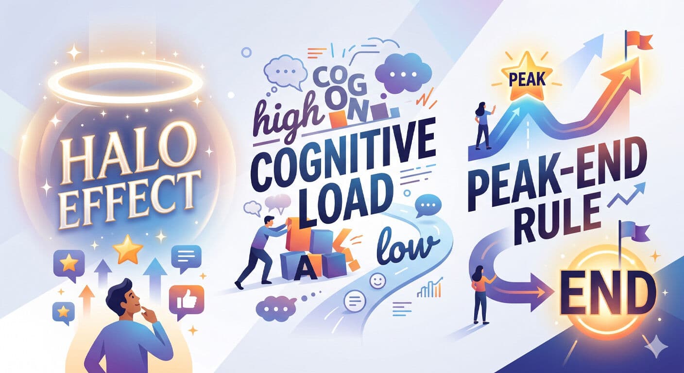 3 design concepts Halo Effect, Cognitive Load, Peak-End Rule